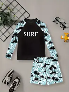 Kids Black-Blue Color-Block Long Sleeve Sun Protection Swimsuit, Boys All-Over Palm Sailboat Quick-Dry Swim Trunks, Island Vacation Seaside Water Play Set