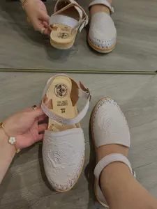 White Floral Leather Huaraches with Ankle Strap