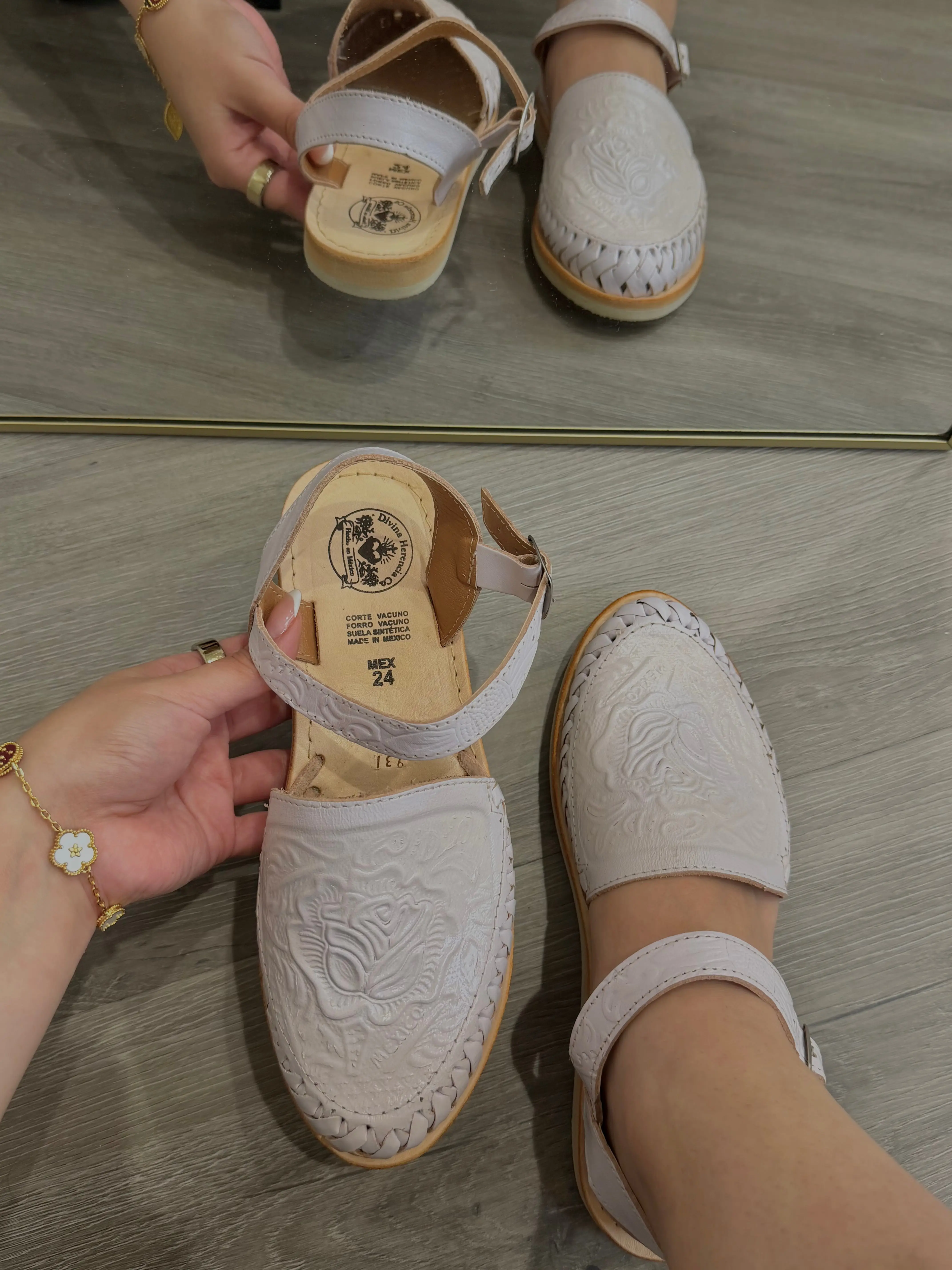White Floral Leather Huaraches with Ankle Strap