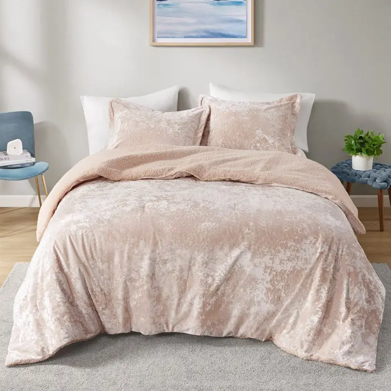Crushed Velvet Sherpa Reversible Comforter Set King/Cal King With Polyester Filling Hypoallergenic Dust Proof OEKO-TEX Certified Machine Washable