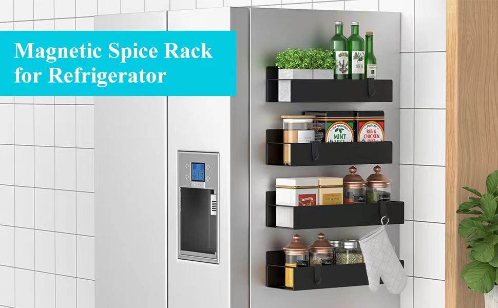 Magnetic Spice Storage Rack Organizer for Refrigerator and Oven, Black Fridge Organizers and Storage, 2 Pack