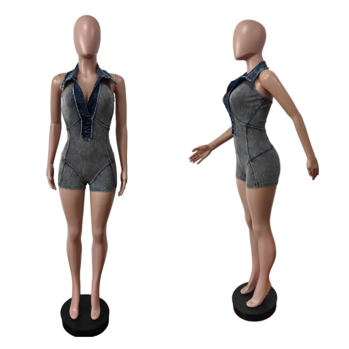 two-piece set woman Women Knit Ribbed Denim Patchwork Jumpsuit 2025 Summer Chic Halter Fashion Jeans Romper One Piece Set Playsuit Womenswear Check Light Overalls Basic