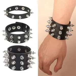 PU Leather Studded Bracelet Punk Spike Rivets Cuff Black Wristband Bracelet For Rock - themed Events  festival hombre