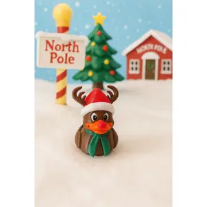 Red-Nosed Reindeer "Rubber" Duck Figurine – 3D Printed Christmas Decor, Rudolph Duck Ornament, Holiday Stocking Stuffer