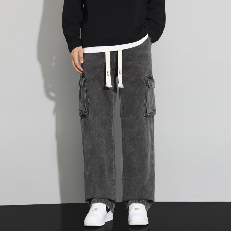 Men's Spring & Autumn Loose-Fit Cargo Jeans, Trendy Retro Light-Wash Casual Trousers, American Street Style Straight-Leg Pants with Large Pockets and Drawstring Waist