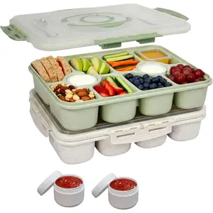 2-Pack Snackle Box, 10-Compartment  Snack Containers with 2 Leak-Proof Cups, Divided Organizer with  & Handle for Travel, Picnics, Office, Fridge Storage (White & Green)