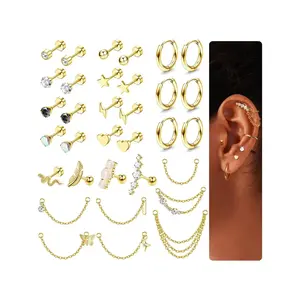 Unique 33-Piece Set of Gold Brilliant Stainless Steel Stud Earrings with Chains — Trendy Flat-Back Cartilage/Helix Earrings, Small Hoop Chain Earrings, Hypoallergenic Stud Jewelry for Women and Men