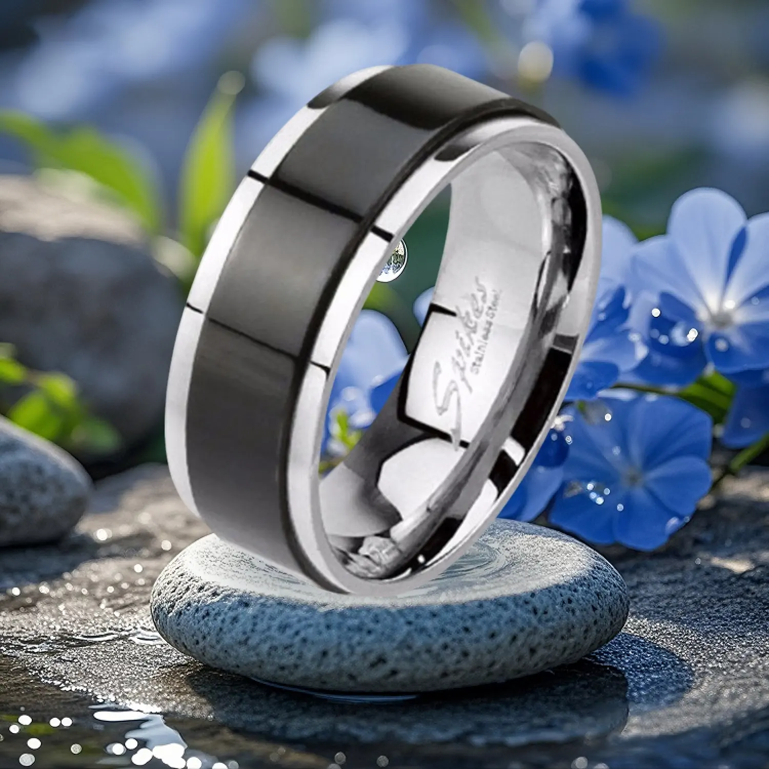 Lanyjewelry Men's 316L Stainless Steel Black IP 2-Toned Rotating Openwork Stackable Ring Set - Dark Aesthetic Rings, Trendy Jewellery Accessories, Costume Jewelry Accessory