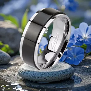Lanyjewelry Male 316L Stainless Steel Black IP 2-Toned Rotating Openwork Stackable Ring Set - Dark Aesthetic Rings, Trendy Jewellery Accessories, Engagement Accessory