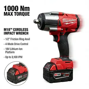 Milwaukee M18 FMTIWF12 Cordless 1/2 Inch Impact Wrench Features 1000Nm Torque with Four Mode Drive Control and 3100 IPM for Professional Steel Assembly and Fleet Service Tasks Utilizing Brushless Motor Technology.