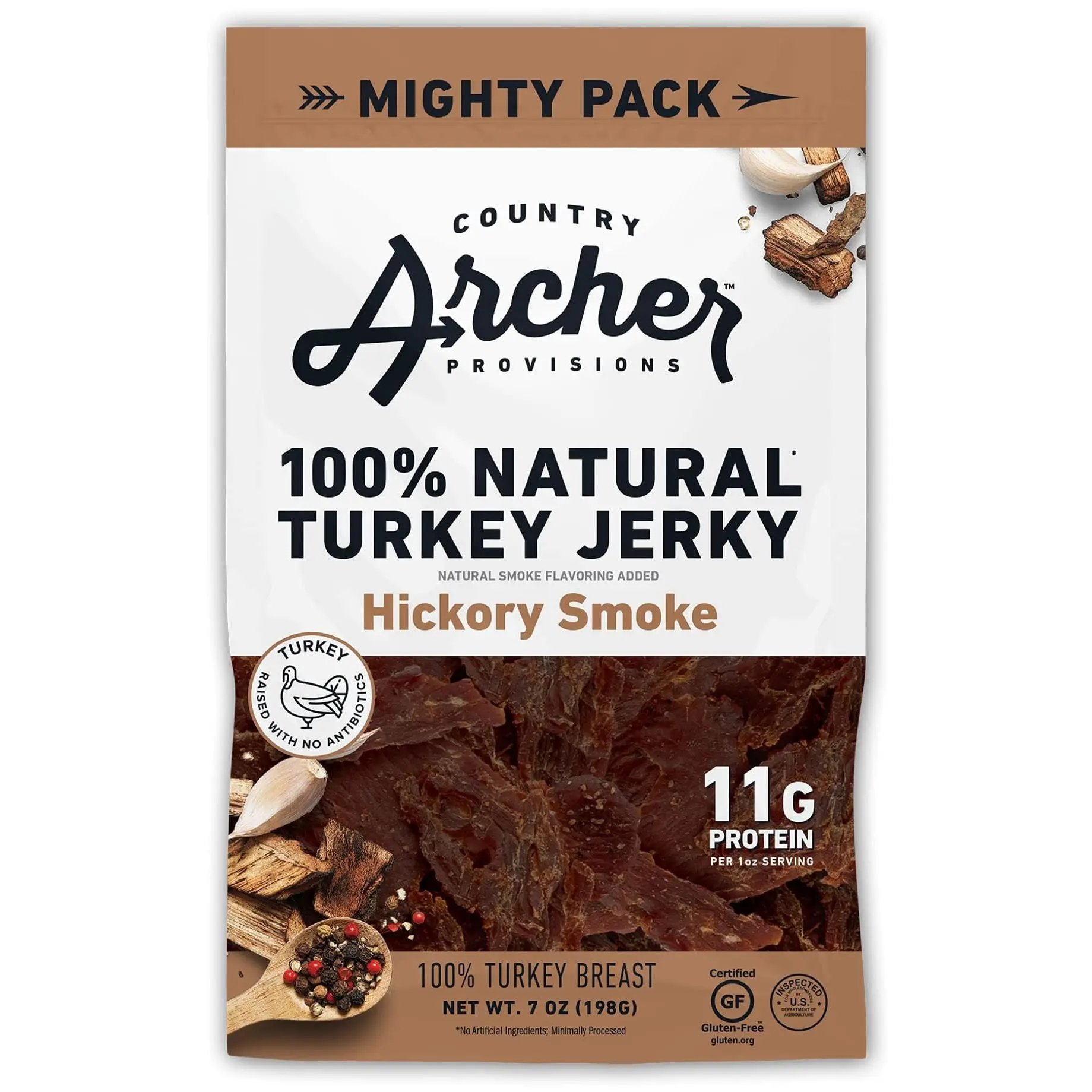 Country Archer Smoked Hickory Smoke Turkey Jerky High Protein Snack - Sea Salt & Vinegar Seasoned, Gluten-Free, Keto-Friendly, Good Source of Protein, Ideal for Hiking Trips, 7 oz