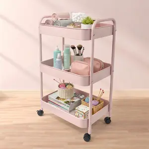 3 Tier Rolling Cart, Metal Utility Cart with 4 Hooks Storage Cart on Wheels Craft Cart with Handle for  Storage for Office Dorm Home Pink space-saving kitchen bathroom organizador con ruedas everyday baby organizer Corner large capacity design