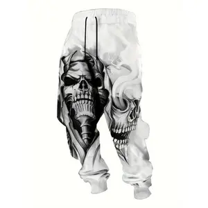 [Polyester Gothic Skull Running Pants] Men's Gothic Skull 3D Printed Running Pants - Polyester casual sports pants with drawstring and elastic waist, regular fit knitted fabric activity pants, with slight elasticity