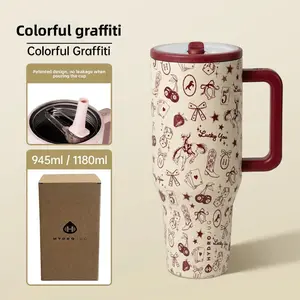 Hydrojug Western Cowboy Pattern Insulated Mug 40oz - Ideal for commuting, office work, outdoor activities, and school, keeping drinks hot or cold for a long time. Features a handle and leak-proof rubber base, making it a great Mother's Day gift.