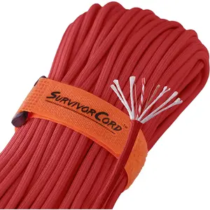 TITAN Survival Red SurvivorCord - 100 Foot MIL-STYLE 550 Paracord with 25 LB Fishing Line, Waterproof Fire-Starter, Multi-Purpose Utility Wire & 3 Life-Saving Strands