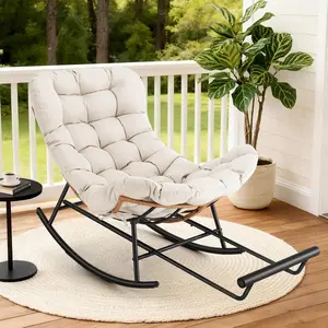 Garvee Papasan Rocking Chair with Foot Rest, Oversized Papasan Chair with Thick Removable Cushion and Metal Frame, Lounge Chairs and PE Rattan Rocker for Patio, Porch, Garden, Lawn, Living Room