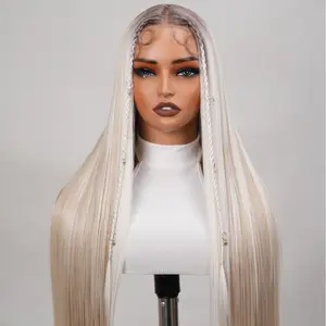 Noble 30-Inch Ash Blonde Ombre Straight Synthetic Fiber Wig - Full Machine-Made Wig with Braided Hair Texture Sides and Star Charms, Synthetic Fiber Wigs,summervibes