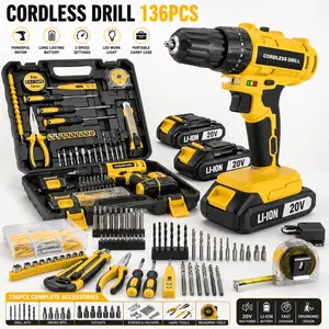 20V Cordless Drill, 136-Piece Tool Kit with 2 Batteries, All-in-One Home Multi-Function Power Tool Set for Repairs & Installations. 3/8" Keyless Chuck for Quick, Tool-Free Bit Changes. Built-in LED Work Light. Impact Compact wireless