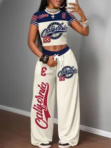 Women's Y2K Style 23 Number Print Two-Piece Set, California Letter Colorblock Short Sleeve Top + Wide Leg Pants, Street Fashion Sportswear, Streetwear Tracksuit Set, Workout Sets Women