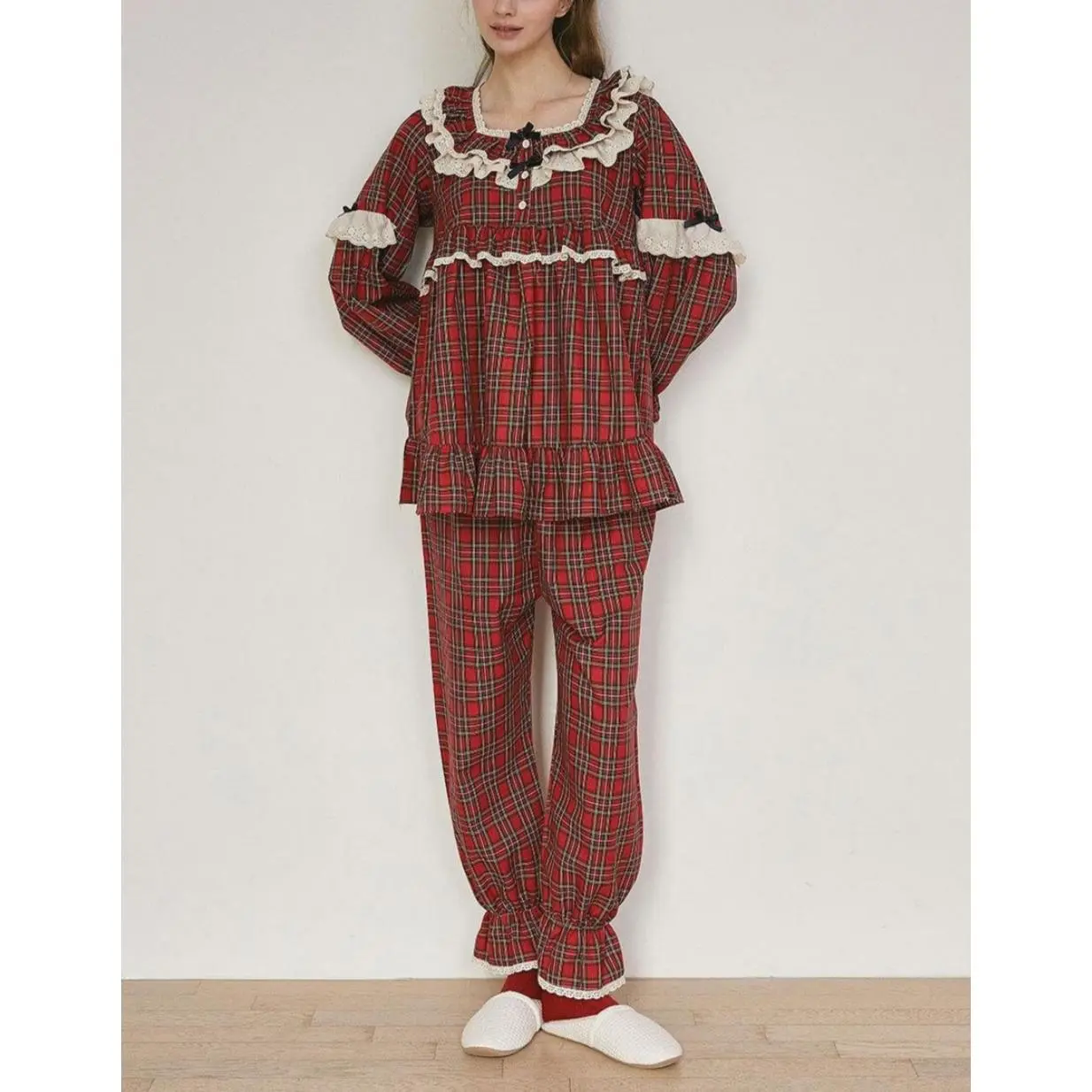 Women Christmas Plaid Pajama Set Puff Sleeve Button Down Gingham Babydoll Wide Leg Pants 2 Piece Pj Set Lounge Set