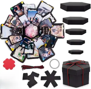 Creative Explosion Gift Box Handmade Exploding Photo Album Preassembled Surprise Picture Pop Up Love Box with DIY Scrapbooking Accessories for Anniversary Birthday Wedding 17x17inch Black Cardboard Eco-Friendly Non-Toxic
