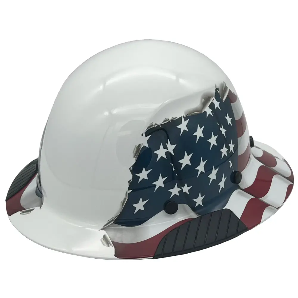 Fiberglass American Flag on White Lift Safety Composite Hard Hat Kit ANSI Type I Class C with Custom Options for Chin Straps, Protective Edging, and Storage Totes