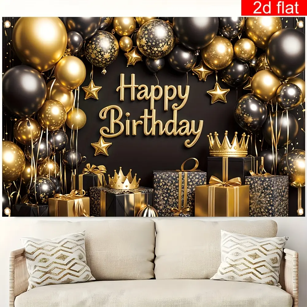 Polyester 2D Flat Print Banner - Happy Birthday Party Theme Decor, Black-Golden-Silvery Crown, Balloon Gift Box, Balloon Stars Design, Lightweight, Bright, Durable, Suitable for Wall, Wedding Celebration Decor