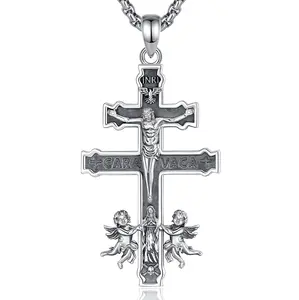 925 Sterling Silver Caravaca Cross Necklace, Vintage Christian Crucifix Pendant with Angels & Jesus, Catholic Religious Jewelry for Men & Women