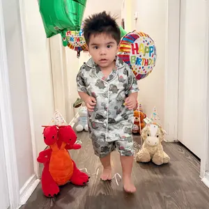Ma&Baby Toddler Baby Boy Silk Pajamas Dinosaur Satin Pajamas Set Short Sleeve Button-Up Top Shorts 2PC PJs