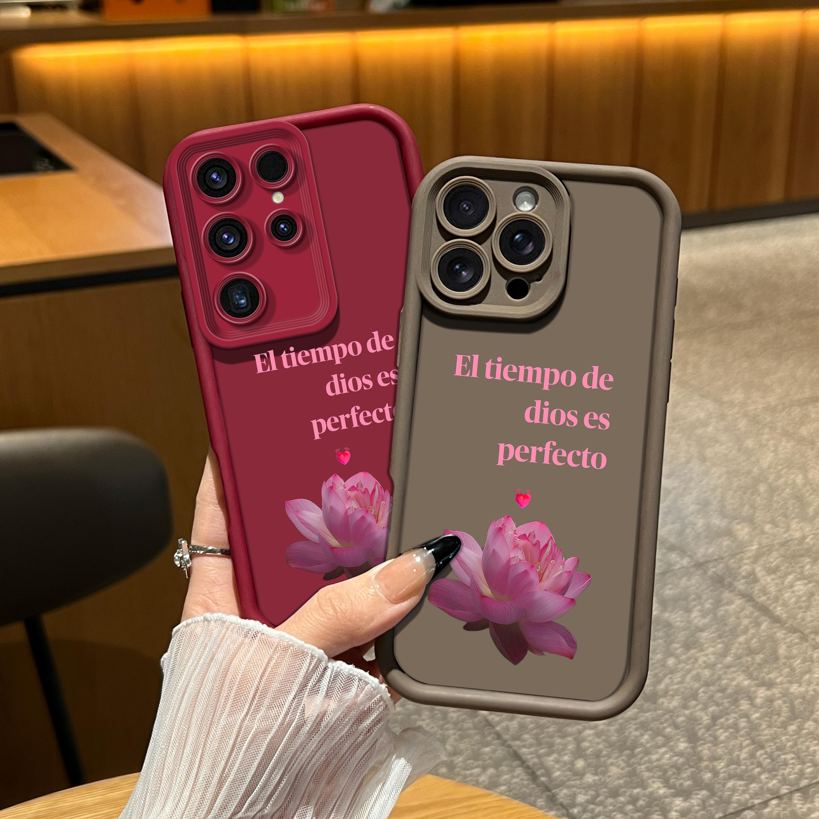 Elegant Lotus Design Lanyard Phone Shell El Tiempo De Dios Es Perfecto for iPhone Samsung 17Pro Max Air 16 15Plus 14 13 12 11 XR XS Galaxy S25 S24 S23 S22 A71 A56 A55 A54 A53 A52 Luxury Matte Texture Religious Birthday Gift For Her .NN131
