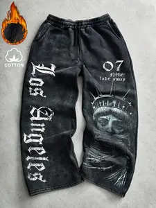 Men's Casual Sporty Long Pants, Los Angeles Goddess Pattern Print, Drawstring Wide Leg, Loose-Fitting, All Seasons Wear