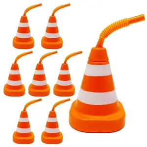 4E's Novelty Construction Cone Cups – 8-Pack 10oz Plastic Cups with Lid & Straws, Perfect for Kids Construction Theme Parties