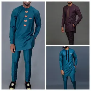 New 2Pc Luxury African Traditional Men's Clothing Elegant Full Suits Male Pant Sets To Dress Native Outfit Ethnic Dashiki Kaftan Long Sleeve Beige