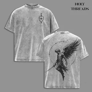 Holy Threads Sanctus Michael Archangelus x Flaming Sword x Shield x Scales of Justice Archangel Michael T-Shirt Washed Church Outfit Gym Pump Cover ,Christian Religious , Jesus Apparel