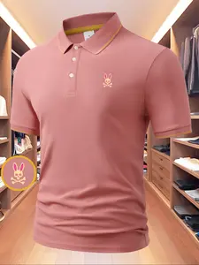 Men's Regular Fit Letter Print Rabbit Contrast Trim Knit Polo Shirt, Casual Short Sleeve Half Zip Top for Summer, Fashion Men's Clothes for Daily Wear, Tropical, Fitted