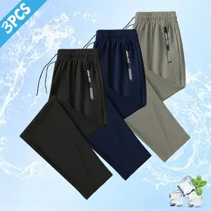 Men’s 3-Pack Minimalist Fashion Ice Silk Casual Athletic Pants — Drawstring Waistband, Zipper Pockets, Skin-Friendly Comfort, Essential for Warm Weather and Everyday Wear, Great Gift