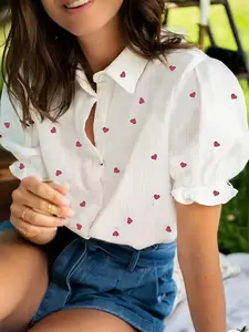 Women's Heart Print Lapel Shirt, Casual Button Front Short Sleeve Button Up Blouse for Daily Wear, Stylish Summer Top for Office Commute