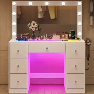 Vanity with Power Outlet and 11 Lights, Mirrored Dressing Table with 7 Drawers, Suitable for Bedrooms and Dressing Rooms, White Finish Makeup Dresser Makeup Storage Desk
