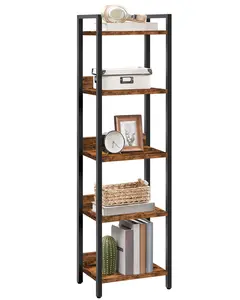 MAHANCRIS 5-Tier Rustic Brown Bookshelf, Bookcase, Anti-tipping Small Space Wooden Storage Shelf Organizer, for Living Room, Bedroom, Study, Balcony