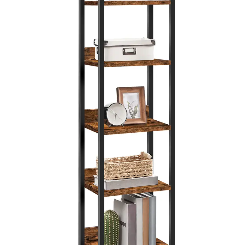 MAHANCRIS 5-Tier Rectangular Rustic Brown Metal & Wood Bookshelf - Stable Anti-Tipping Racks, Furniture for Small Spaces, Apartment Furniture, Room Decor, Storage Organization Organizer, Bedroom Indoor Shelves