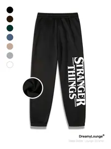 Stranger Things Hellfire Print Jogger Pants, Casual Loose-Fitting Long Trousers, Fall & Winter Warm Fleece Running Gym Wear
