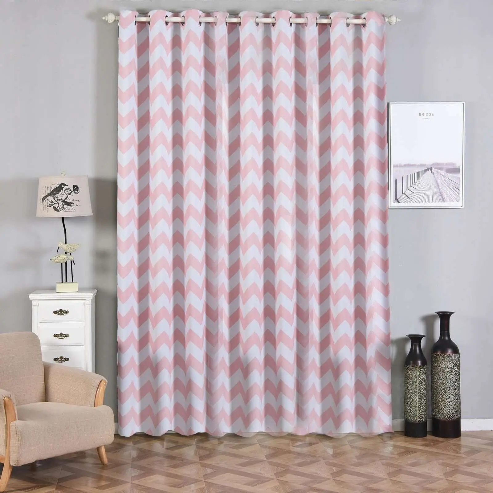 2-Pack White Blush Chevron Geometric Heavy Thermal Blackout Soundproof Grommet Curtains, Chrome Grommet Window Treatment Panels for Events, 52"x108"