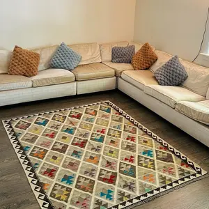 Handmade Kilim (Rug) 7x5 - Natural Wool and Dyes - Geometric Style - Multicolor - High Traffic and Durable