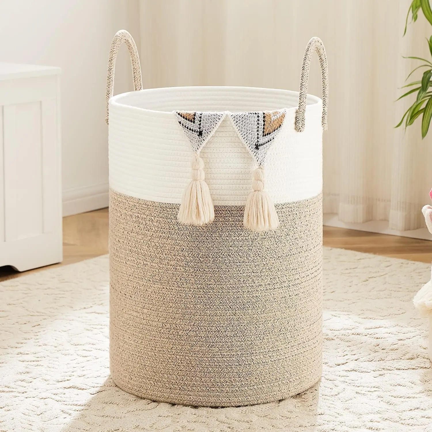 Laundry Basket, Woven Cotton Rope Laundry Hamper, 15.85gal/ 21.13gal for Decor Storage of Dirty Clothes, Toys and Blankets in Bathroom, Room and Living Room