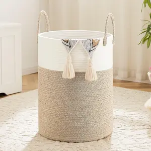Laundry Basket, Woven Cotton Rope Laundry Hamper, 15.85gal/ 21.13gal for Decor Storage of Dirty Clothes, Toys and Blankets in Bathroom, Room and Living Room