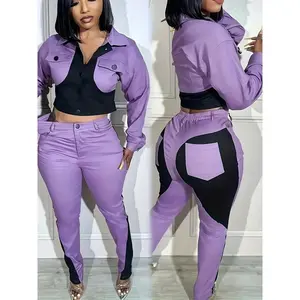 [Sports two-piece set] 2-piece sports patch color blocked women's casual two-piece set | Long sleeved lapel button top pencil pants, suitable for daily club set