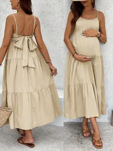 Maternity Vacation Solid Color Ruffle Hem Backless Tie Strap Dress