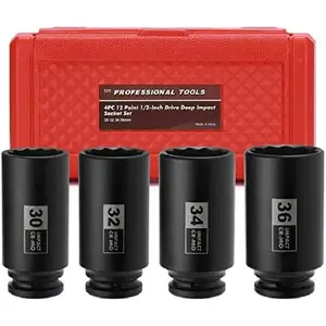 Professional Tools 4PCS 1/2" Drive Deep Axle Nut Impact Socket Set CR-MO 12 Point Design Metric 30 32 34 36mm Extra Deep Impact Socket High Torque Tool