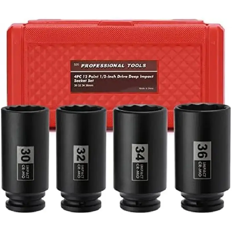 4PCS Chrome Moly Impact Socket Set - 1/2" Drive Extra Deep 12-Point Metric Axle Nut Sockets (30,32,34,36mm) for Removing & Installing Axle Nuts on Renault, Fiat - Professional High Torque Home Supply Tool, 4Pcs-30,32,34,36Mm