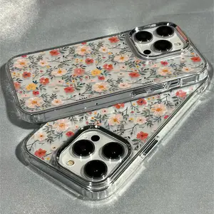 Full Screen Modern Floral Design, Metal Frame, Transparent Case for iPhone 17 PRO MAX and iPhone 16 15 14 13 12 11 PRO MAX PLUS and iPhone 16E 17 AIR Series Mobile Phone Case